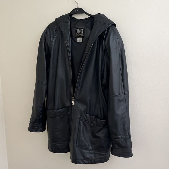 CLIMATE ZONE Vintage Hooded Black Leather Long Jacket Minimalist Streetwear- Med - Picture 2 of 9